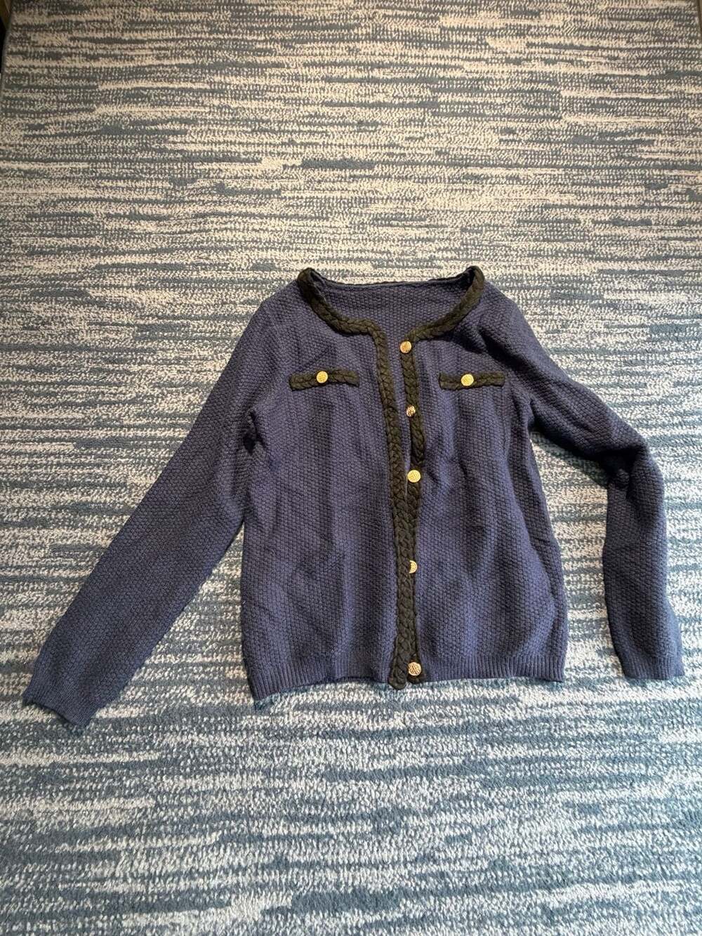 Trina Turk Wool Knit Cardigan Blue Gold Buttons
